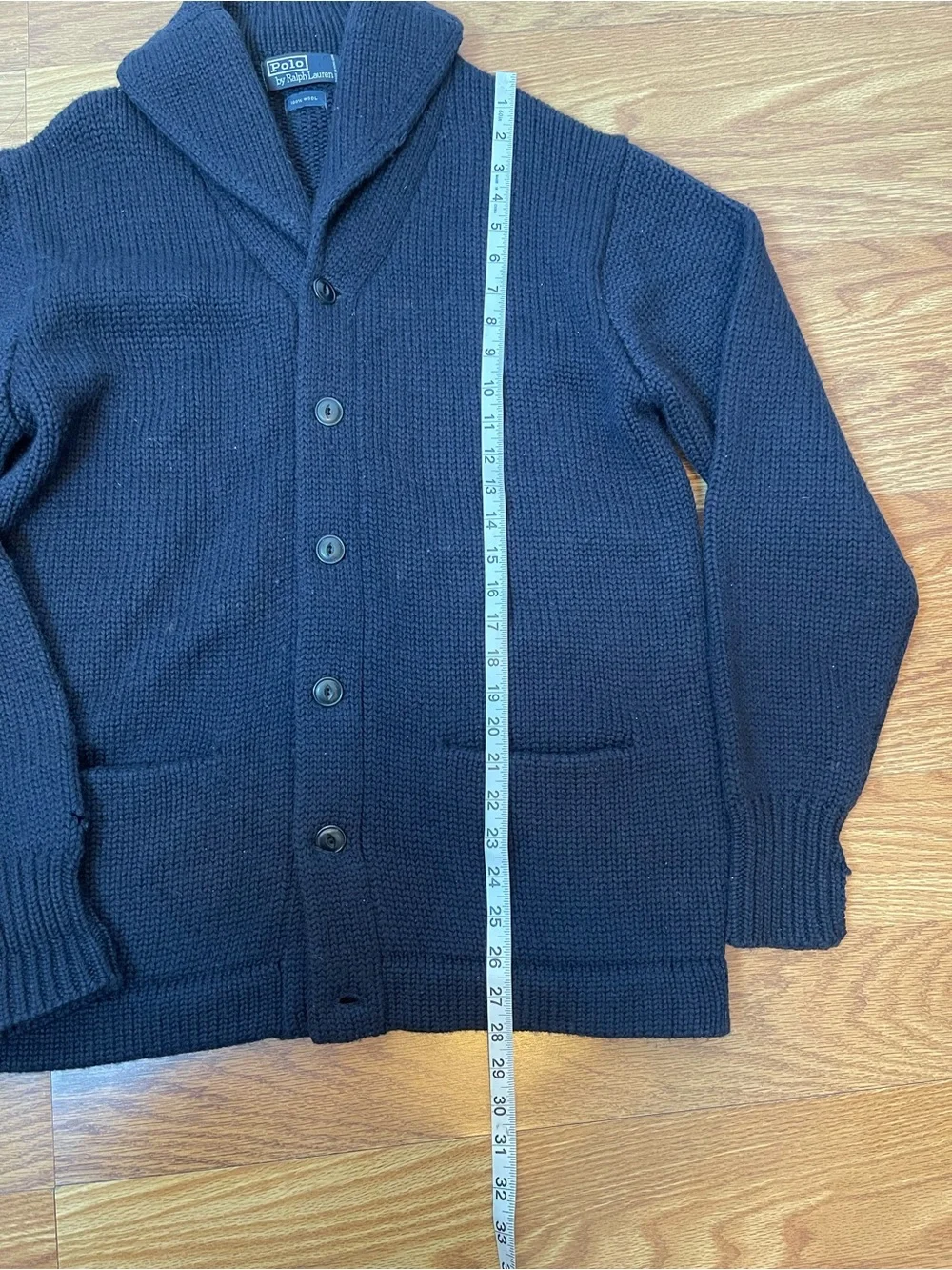 Vintage Polo Ralph Lauren Navy Blue 100% Wool shawcollar Chunky cardigan size M
